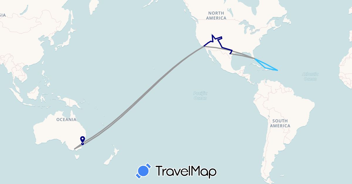 TravelMap itinerary: driving, plane, boat in Australia, Haiti, Netherlands, Puerto Rico, United States (Europe, North America, Oceania)